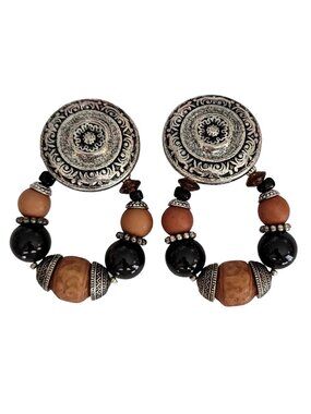 Vintage Funky Silver Tone Round Gilt-Style Glass Black Brown Plastic Clips, K426